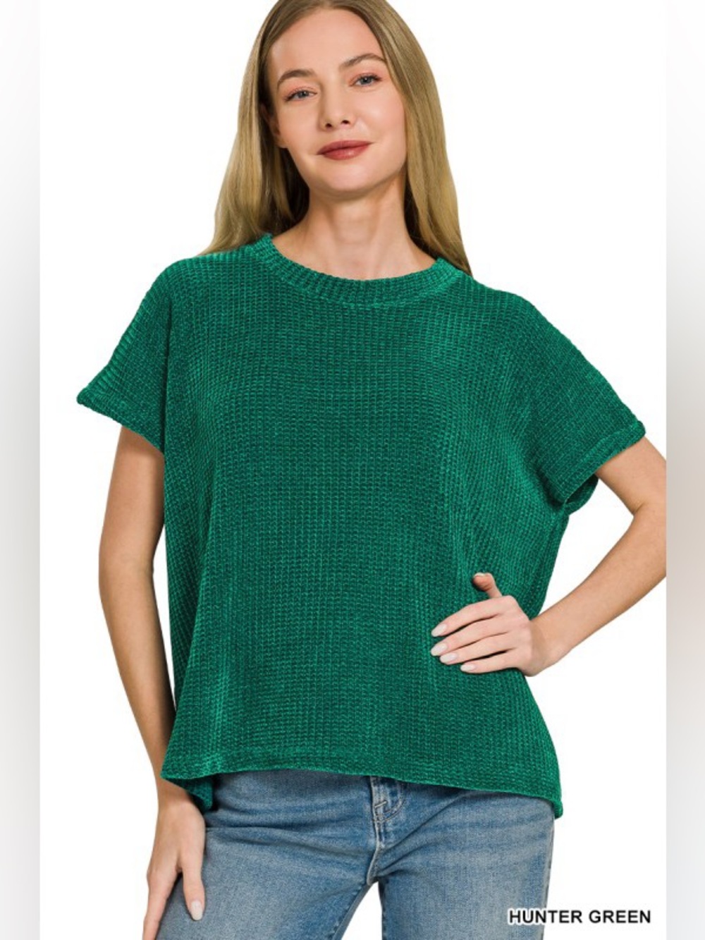 Hunter Green Zenana CHENILLE WAFFLE CAP SLEEVE SWEATER